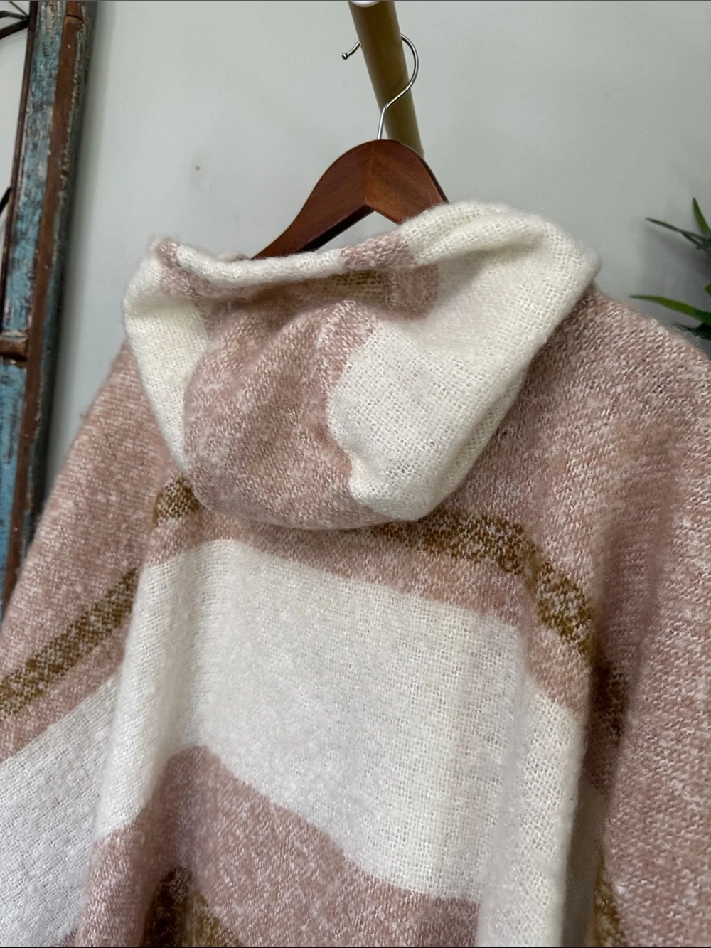 Striped Hooded Poncho in Blush, Cream & Olive NWOT